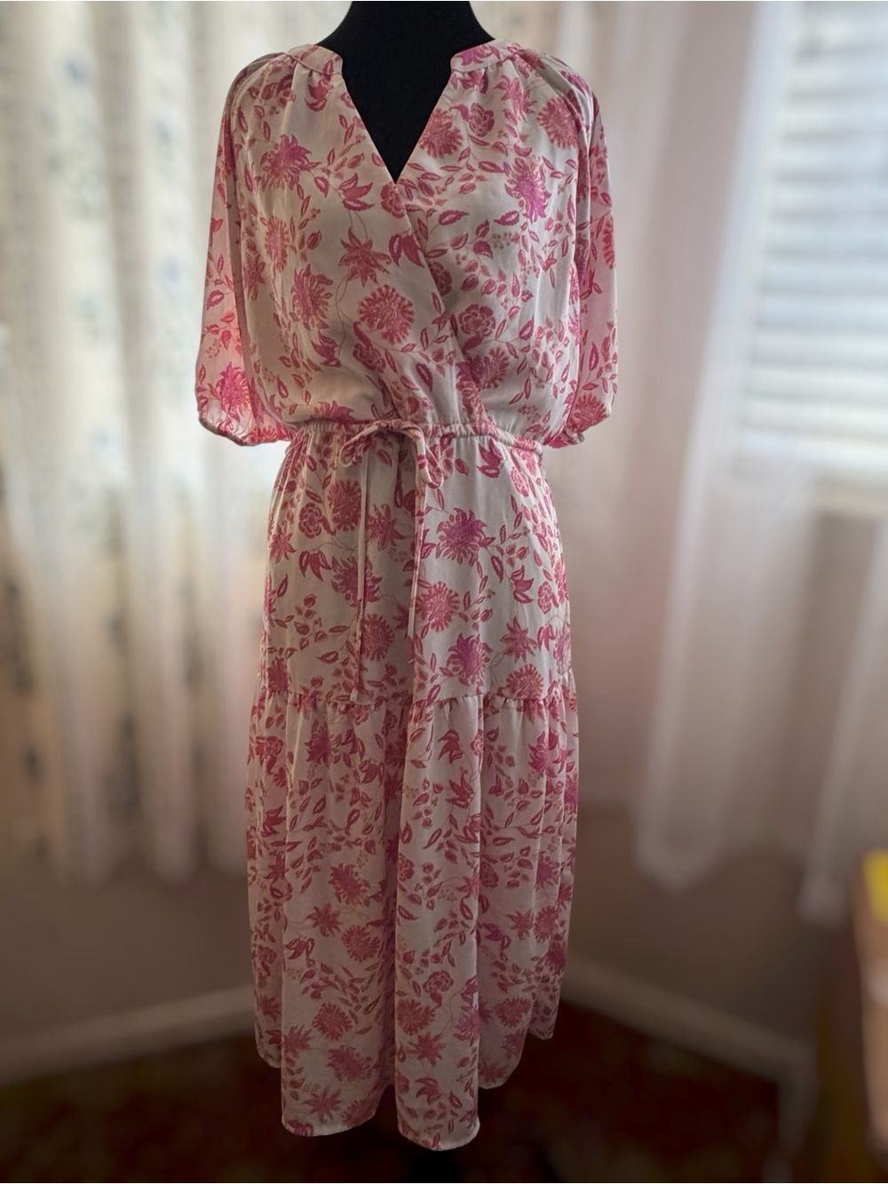 Collective Concepts Pink Floral Faux Wrap Midi Dress Tie Waist Size Small